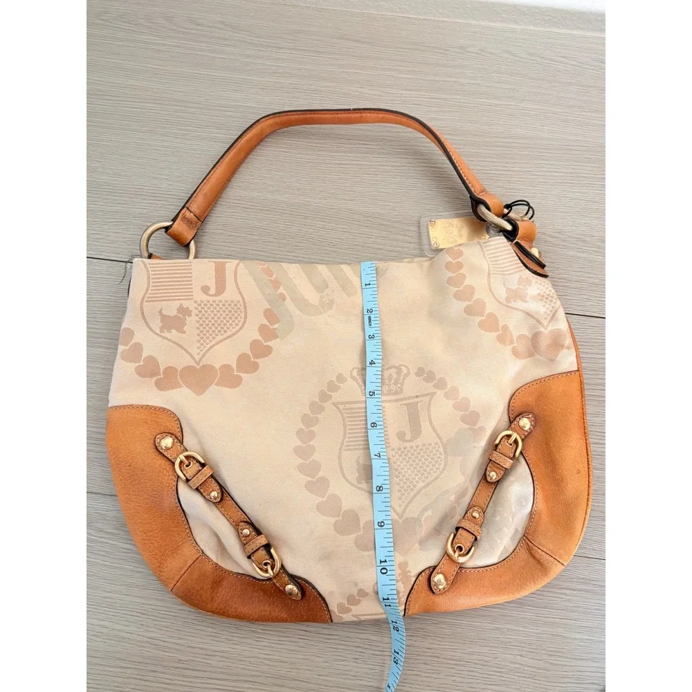 Y2K Juicy Couture Monogram Crest Canvas Hobo Bag Tan Leather Trim Gold Hardware